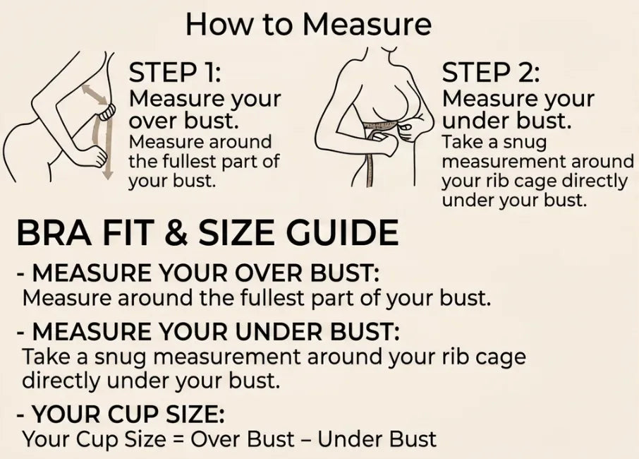 How to measure: measure your over bust at the fullest part, then your under bust snugly around the rib cage. Your cup size is the over bust minus the under bust.